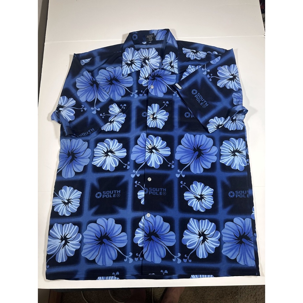 Vintage South Pole Shirt Mens 2XL Black‎ Floral Hawaiian Short Sleeve Button Up